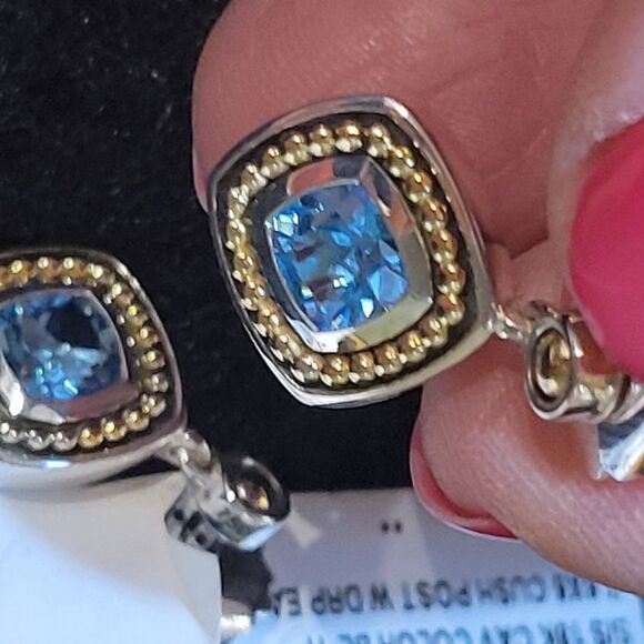 $750 NEW LAGOS CAVIAR 18K GOLD + STERLING SILVER BLUE TOPAZ DROP EARRINGS NWT - Picture 2 of 7